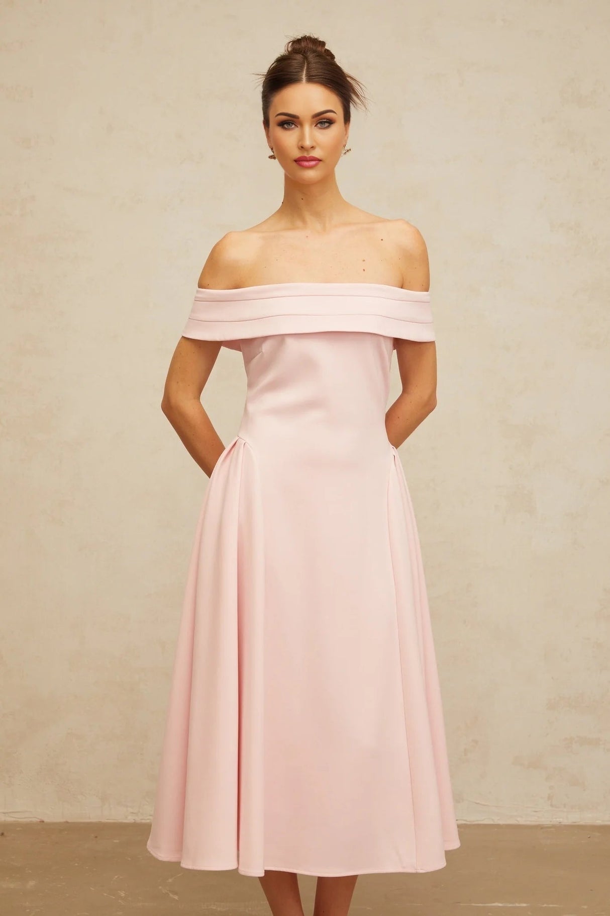 Lilah Midi Dress Pink Off - Shoulder Pleated & Flared