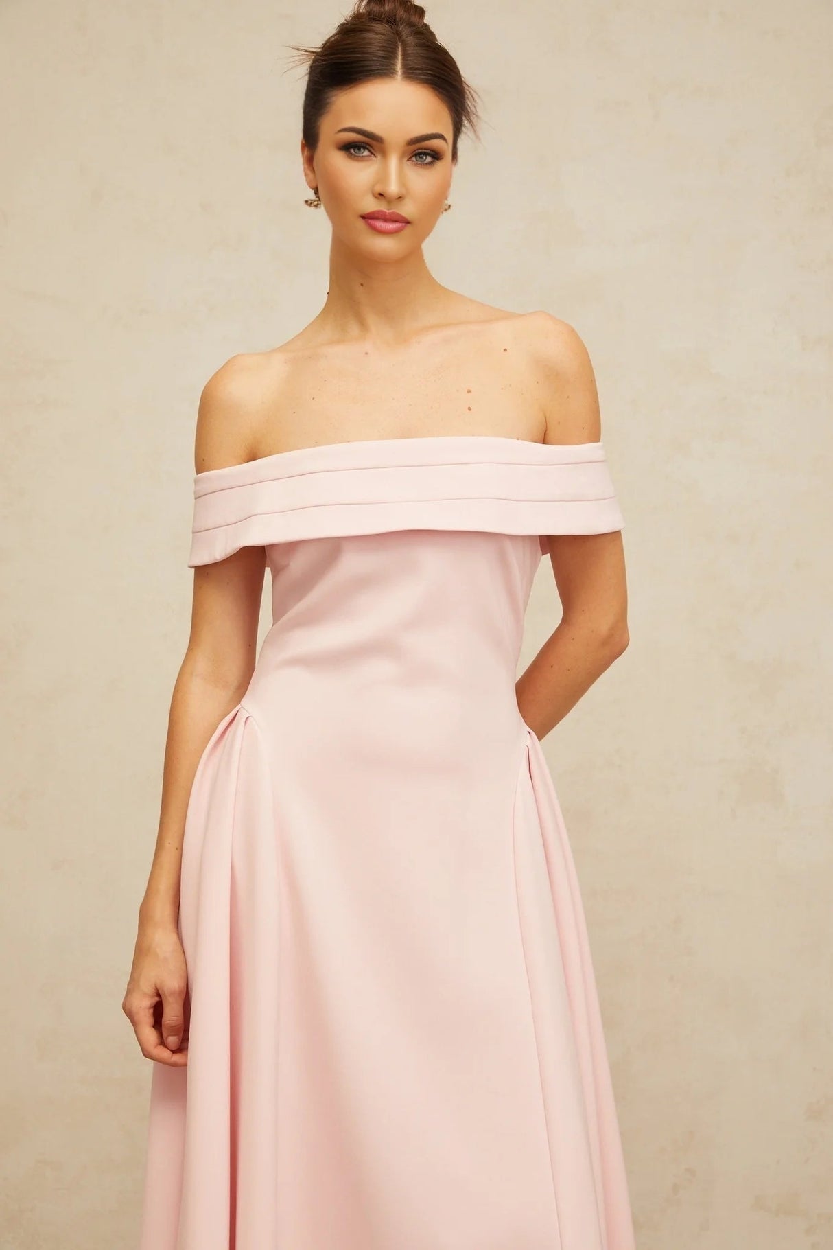 Lilah Midi Dress Pink Off - Shoulder Pleated & Flared