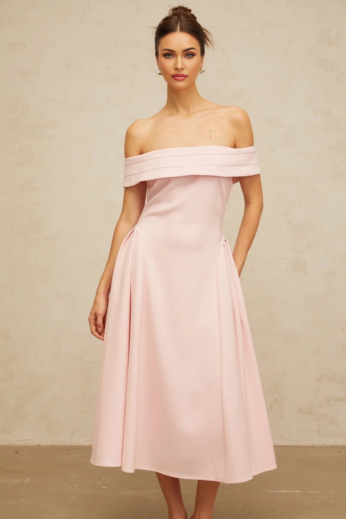 Lilah Midi Dress Pink Off - Shoulder Pleated & Flared