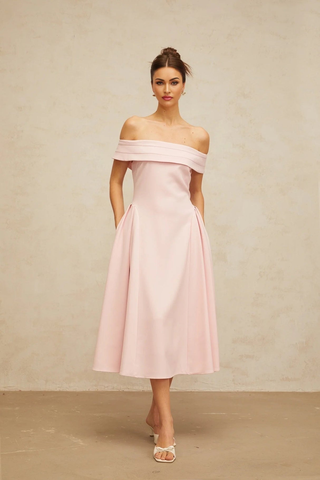 Lilah Midi Dress Pink Off - Shoulder Pleated & Flared