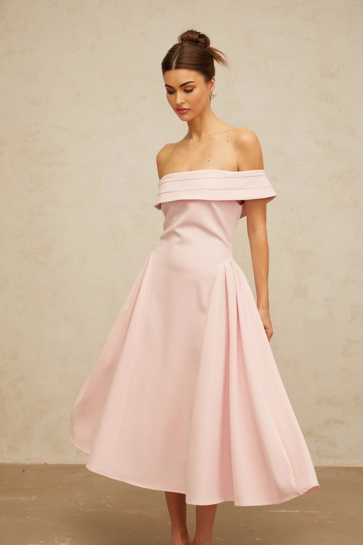 Lilah Midi Dress Pink Off - Shoulder Pleated & Flared