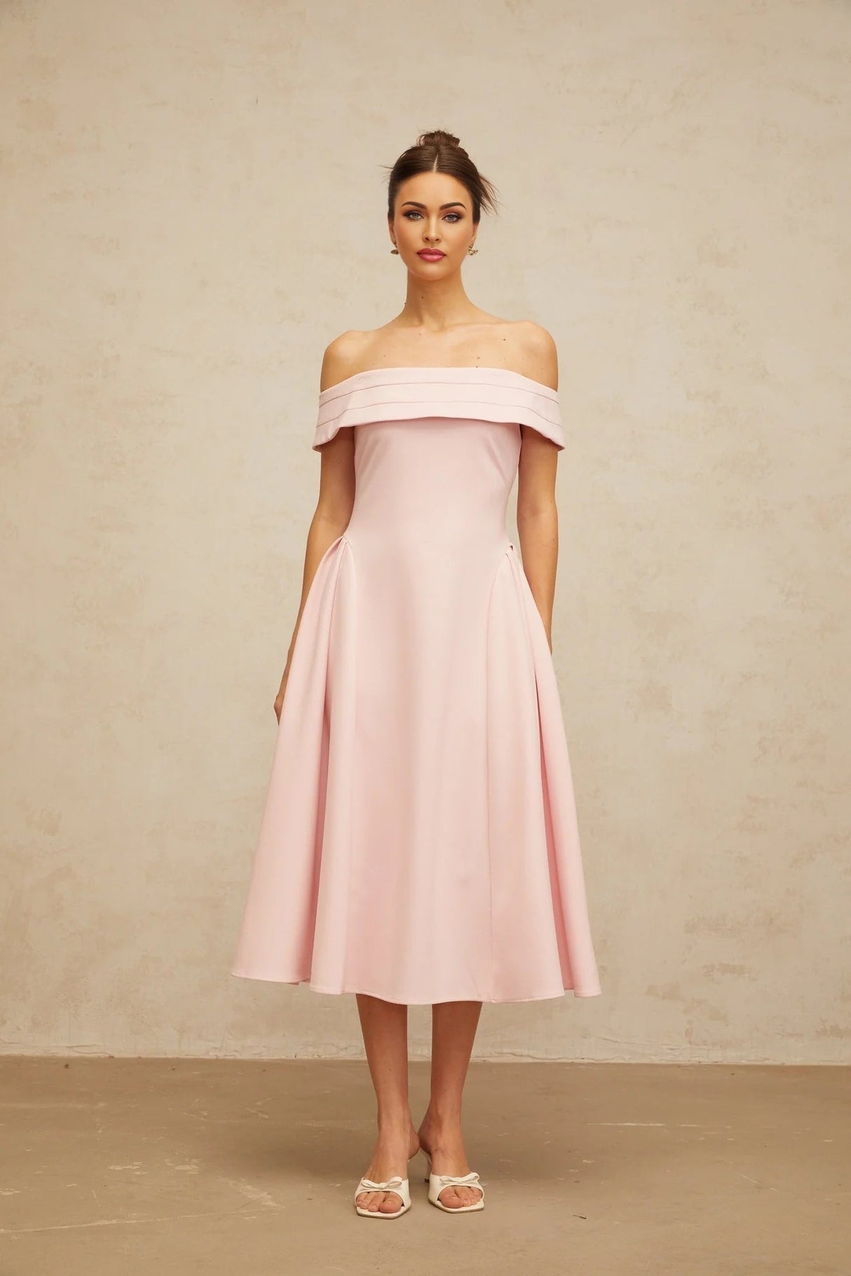 Lilah Midi Dress Pink Off - Shoulder Pleated & Flared