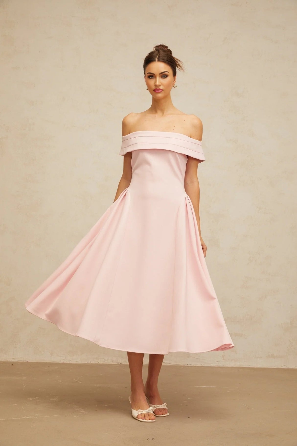 Lilah Midi Dress Pink Off - Shoulder Pleated & Flared