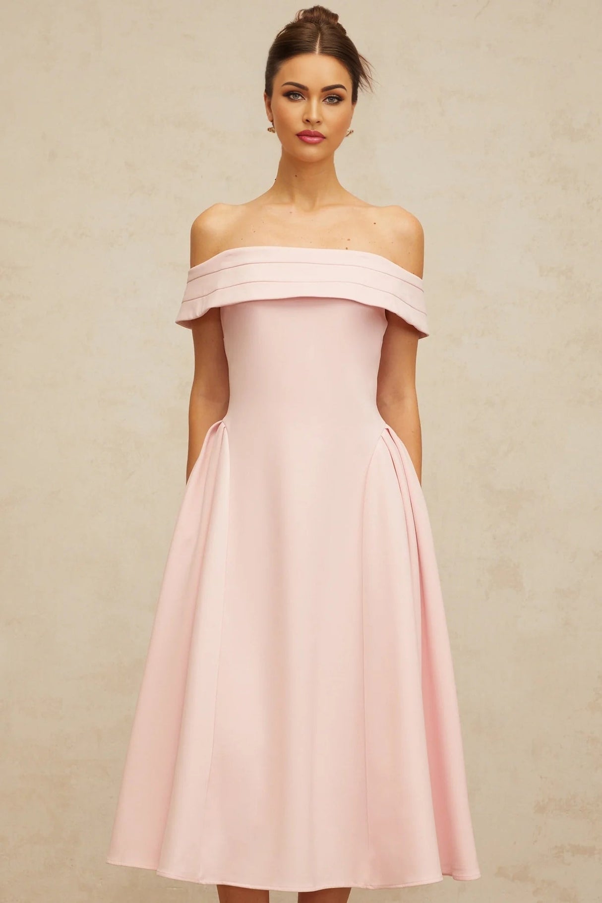 Lilah Midi Dress Pink Off - Shoulder Pleated & Flared