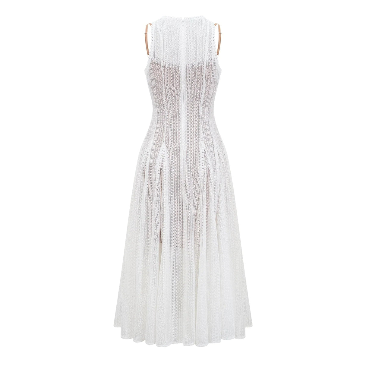 Lilah Midi Dress White Crochet Puff Godet Slip Zip & Flair