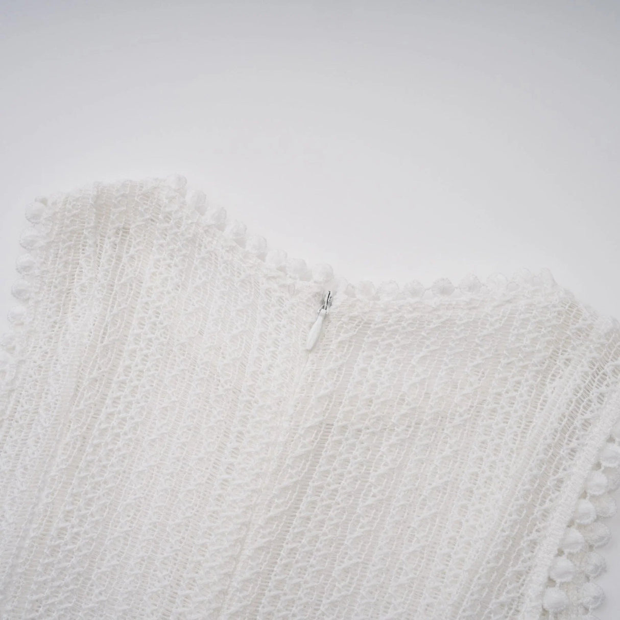 Lilah Midi Dress White Crochet Puff Godet Slip Zip & Flair