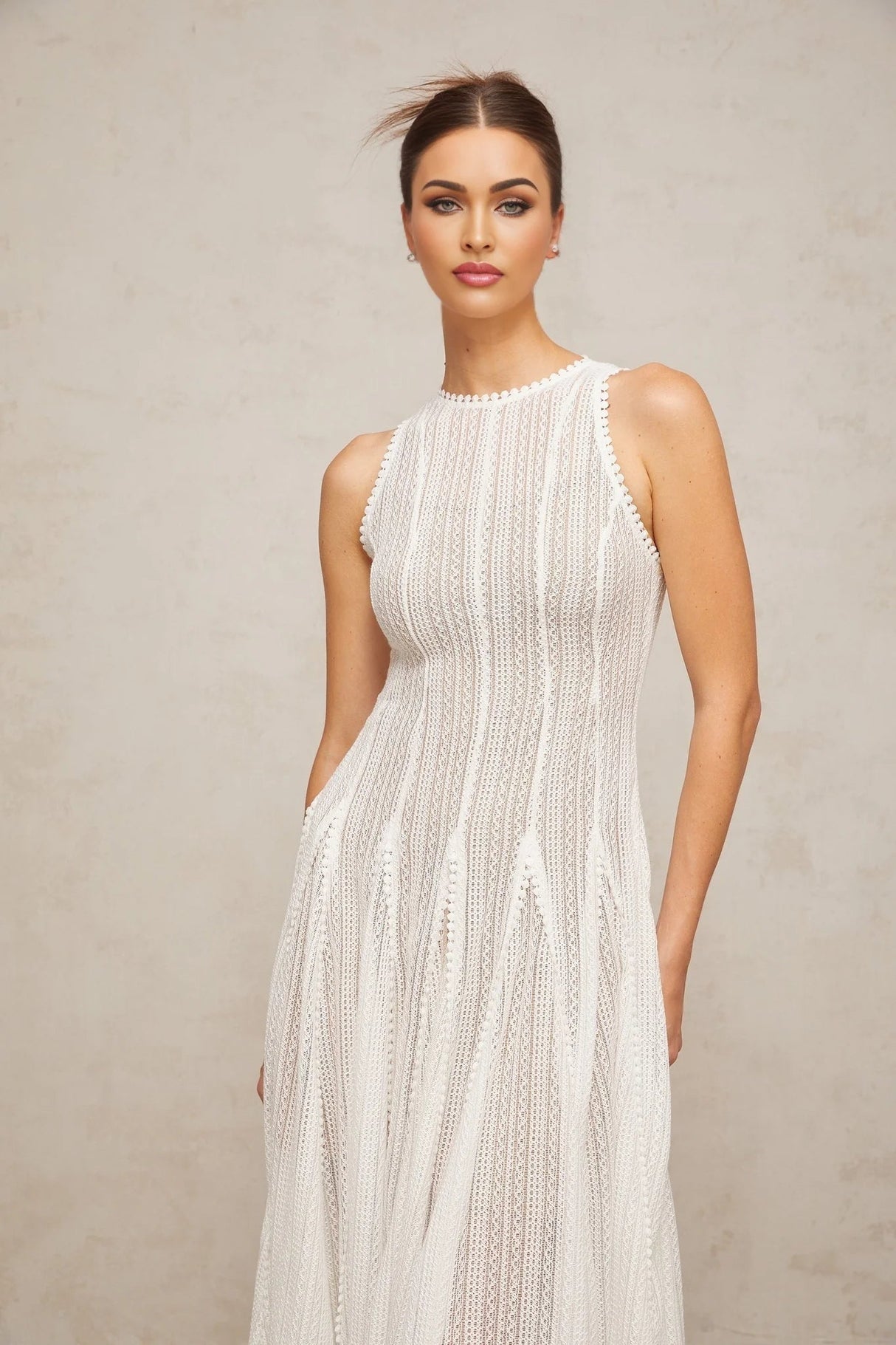 Lilah Midi Dress White Crochet Puff Godet Slip Zip & Flair