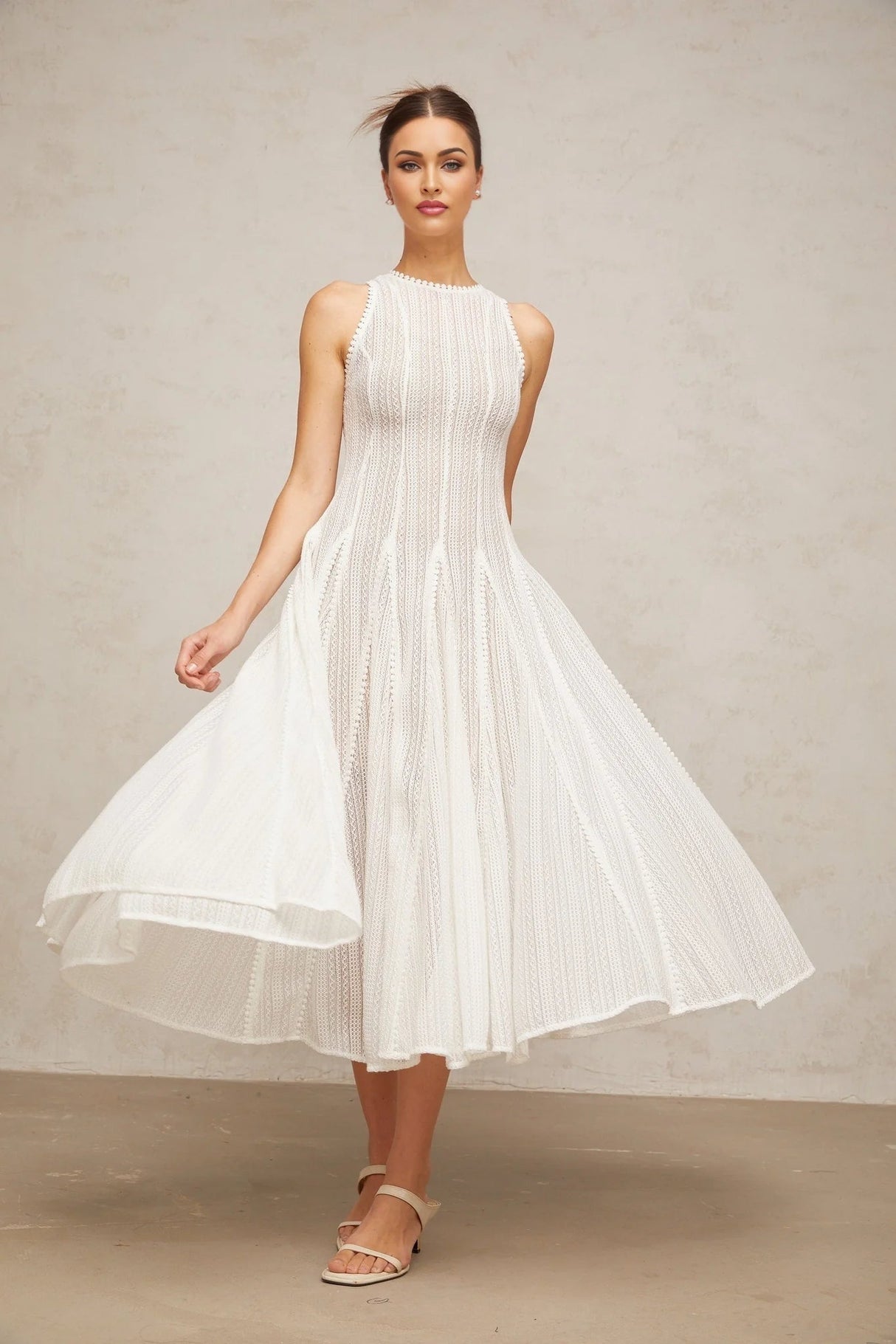 Lilah Midi Dress White Crochet Puff Godet Slip Zip & Flair