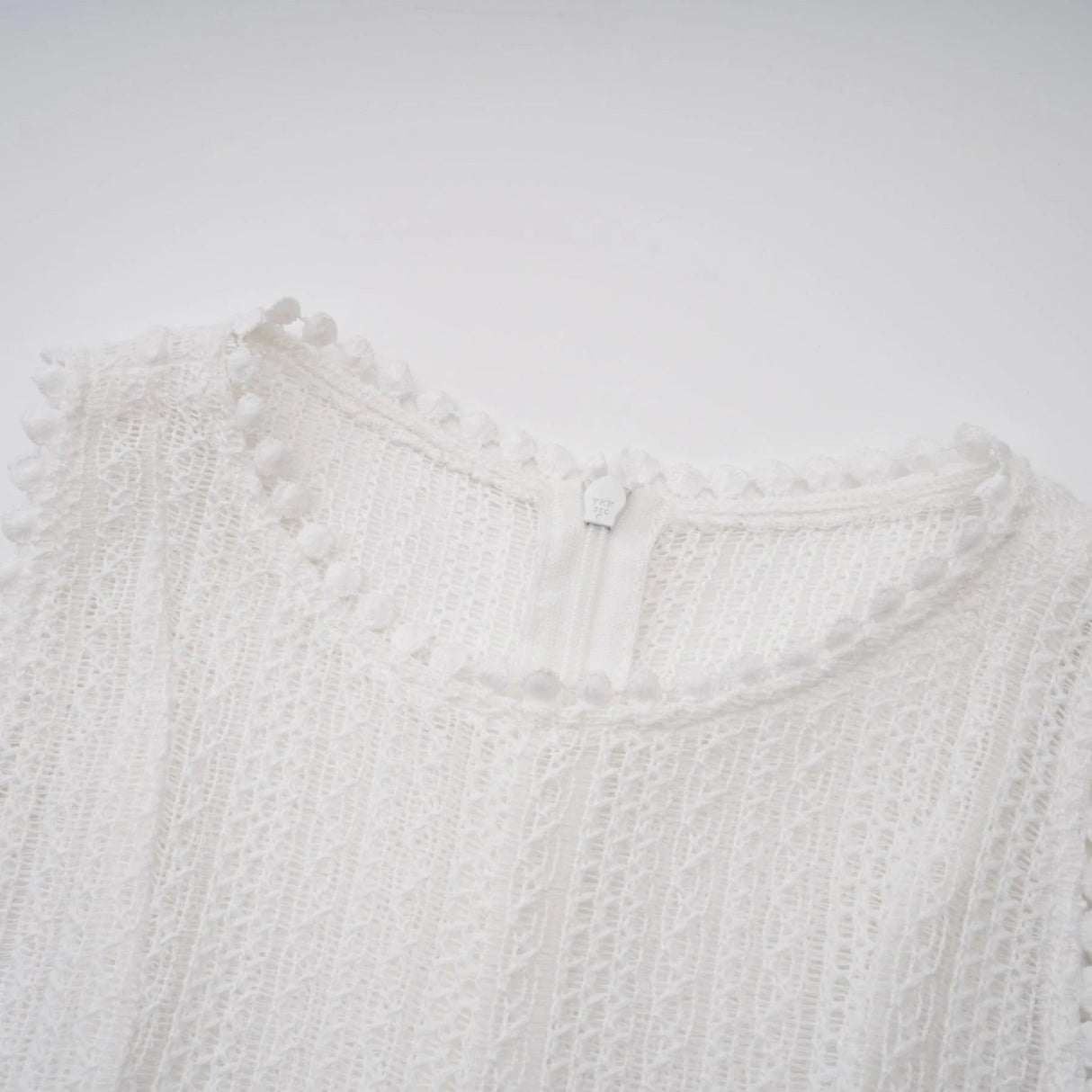 Lilah Midi Dress White Crochet Puff Godet Slip Zip & Flair