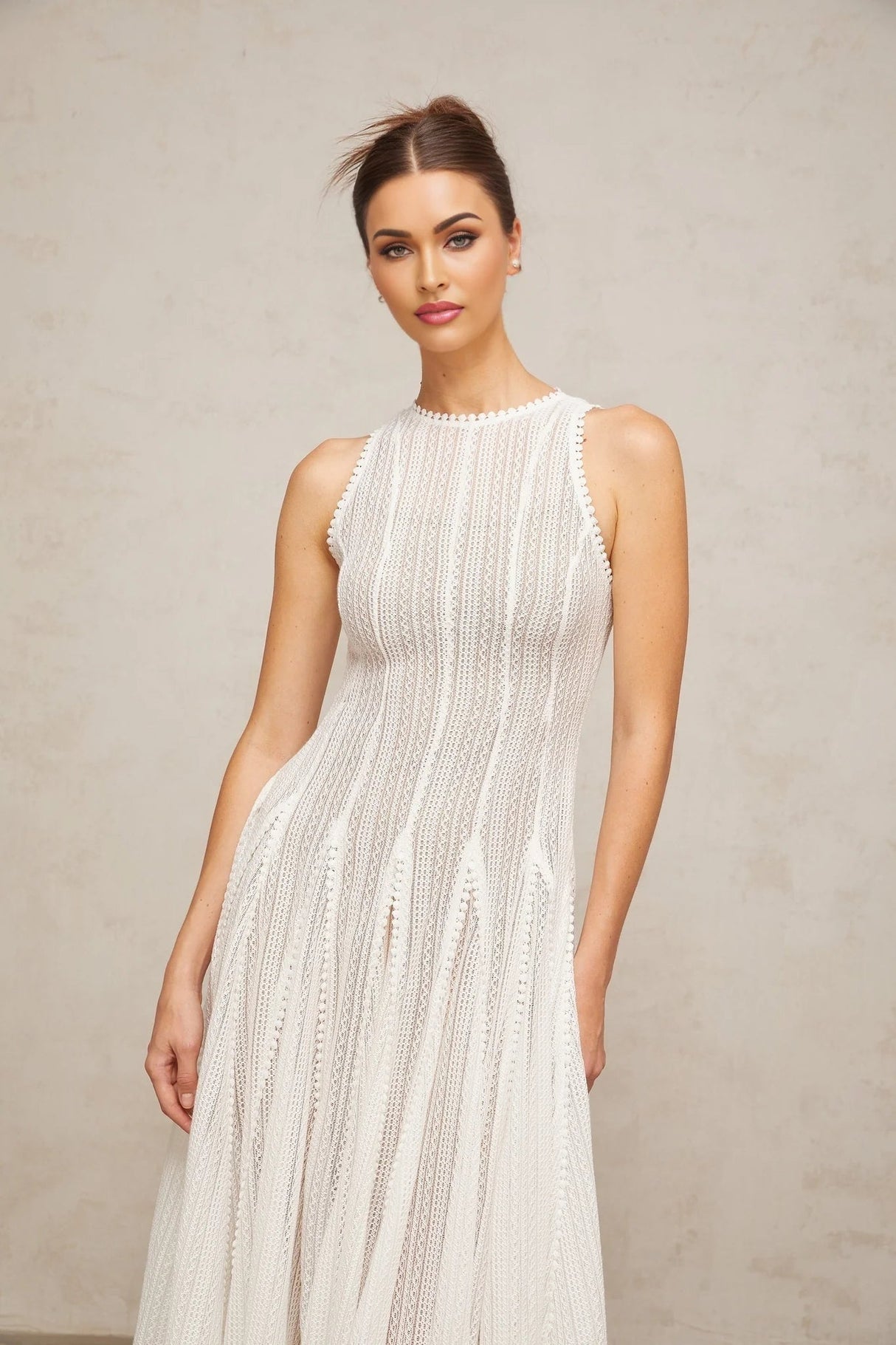Lilah Midi Dress White Crochet Puff Godet Slip Zip & Flair