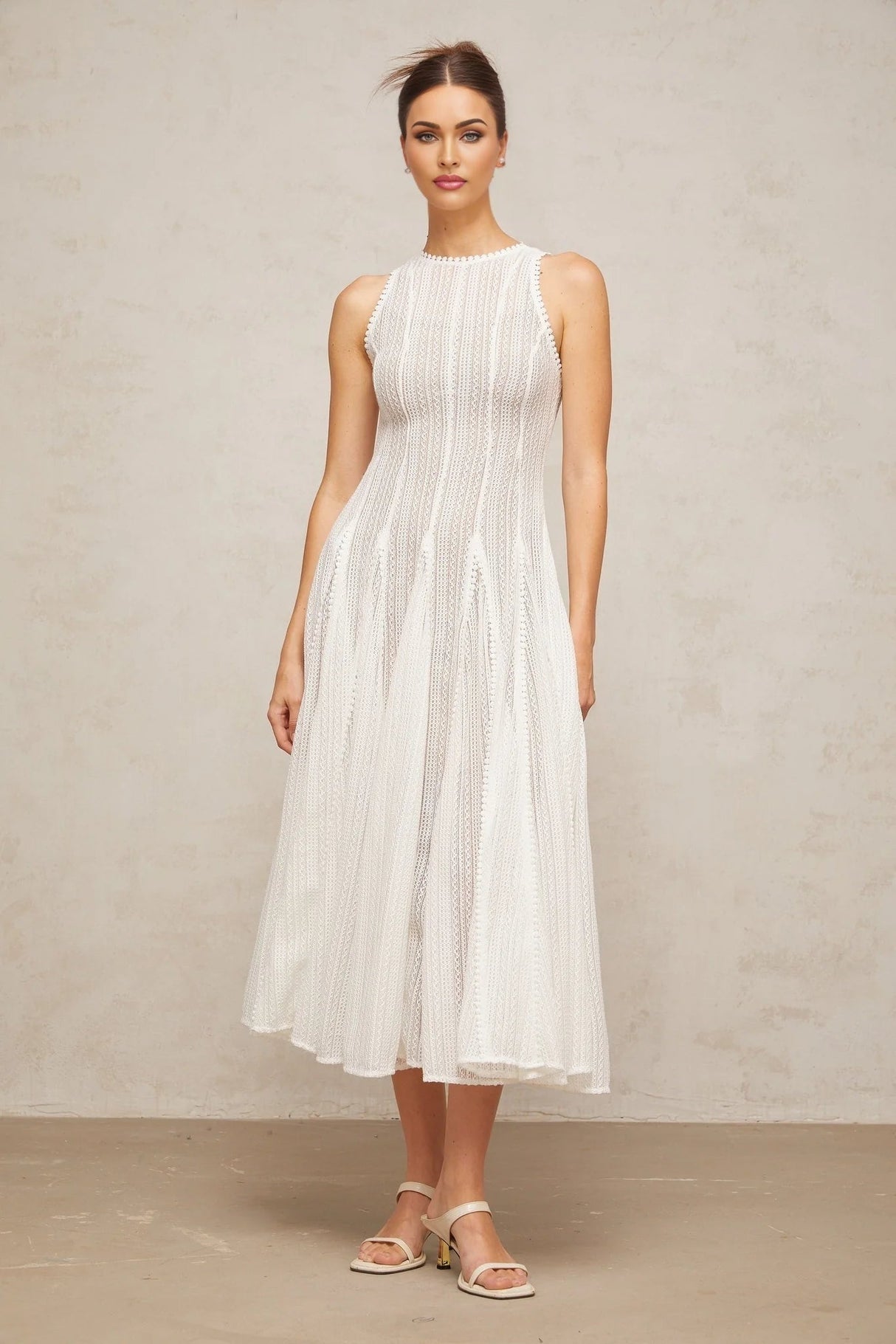 Lilah Midi Dress White Crochet Puff Godet Slip Zip & Flair