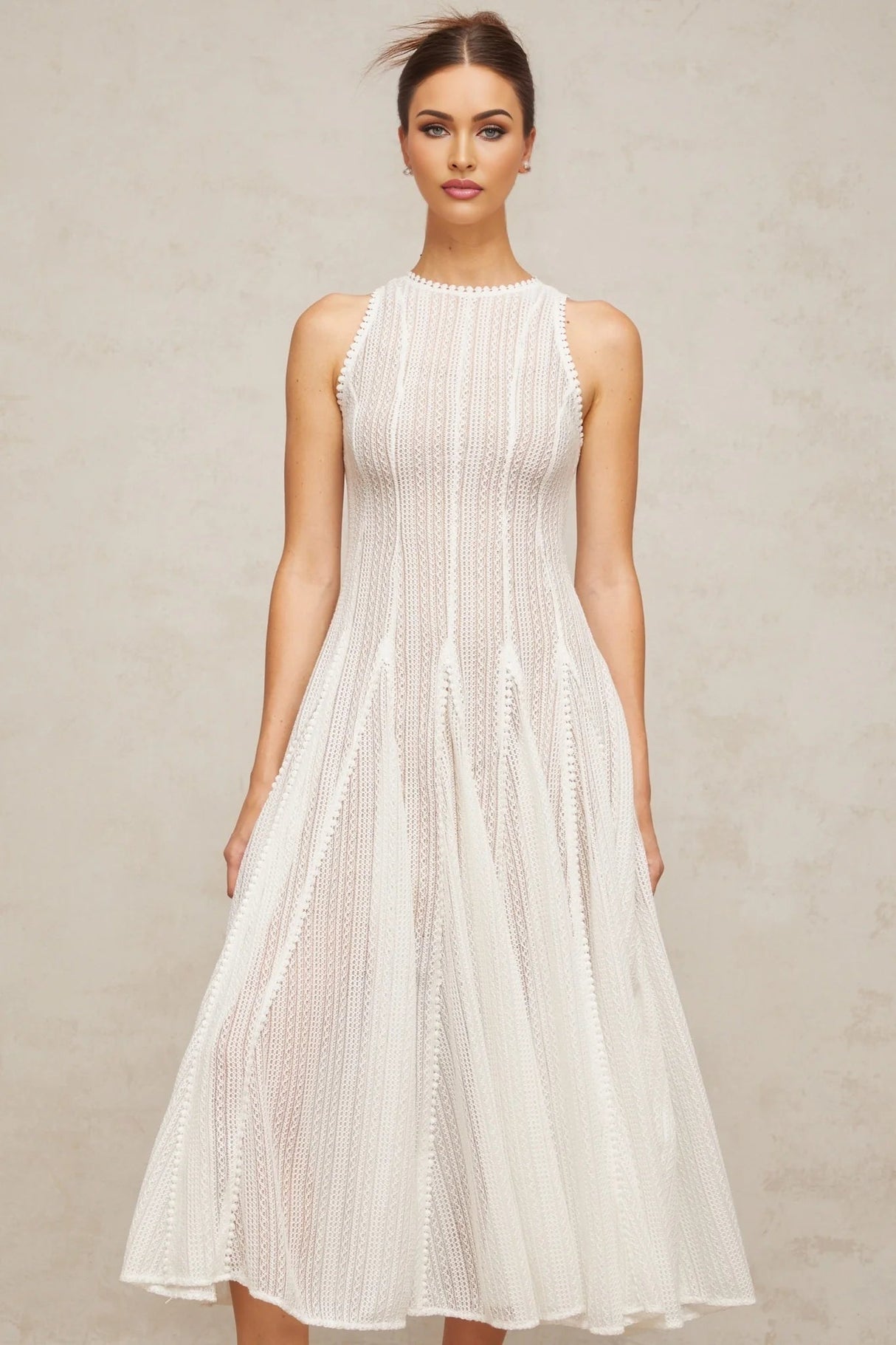 Lilah Midi Dress White Crochet Puff Godet Slip Zip & Flair