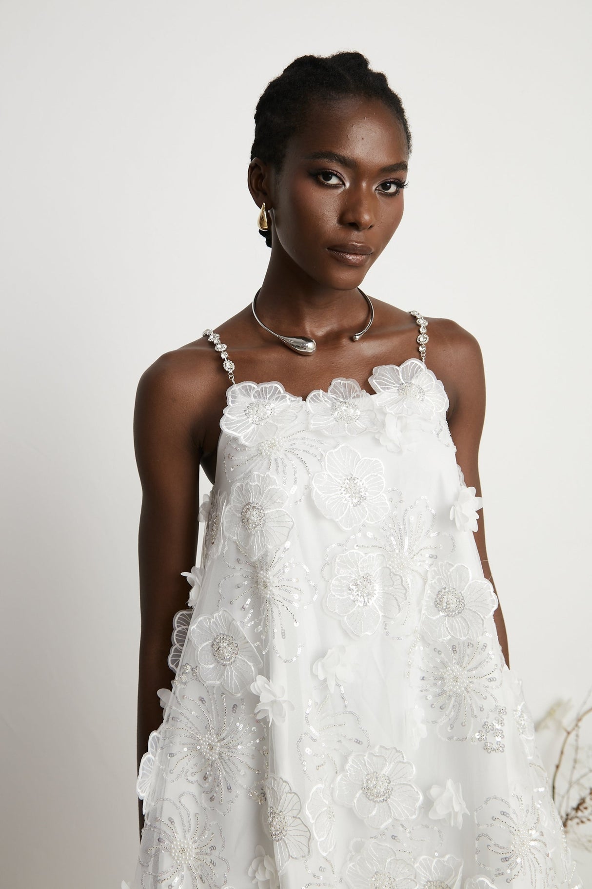 Lilah Mini Dress Crystal Floral Embellished White Square Neck