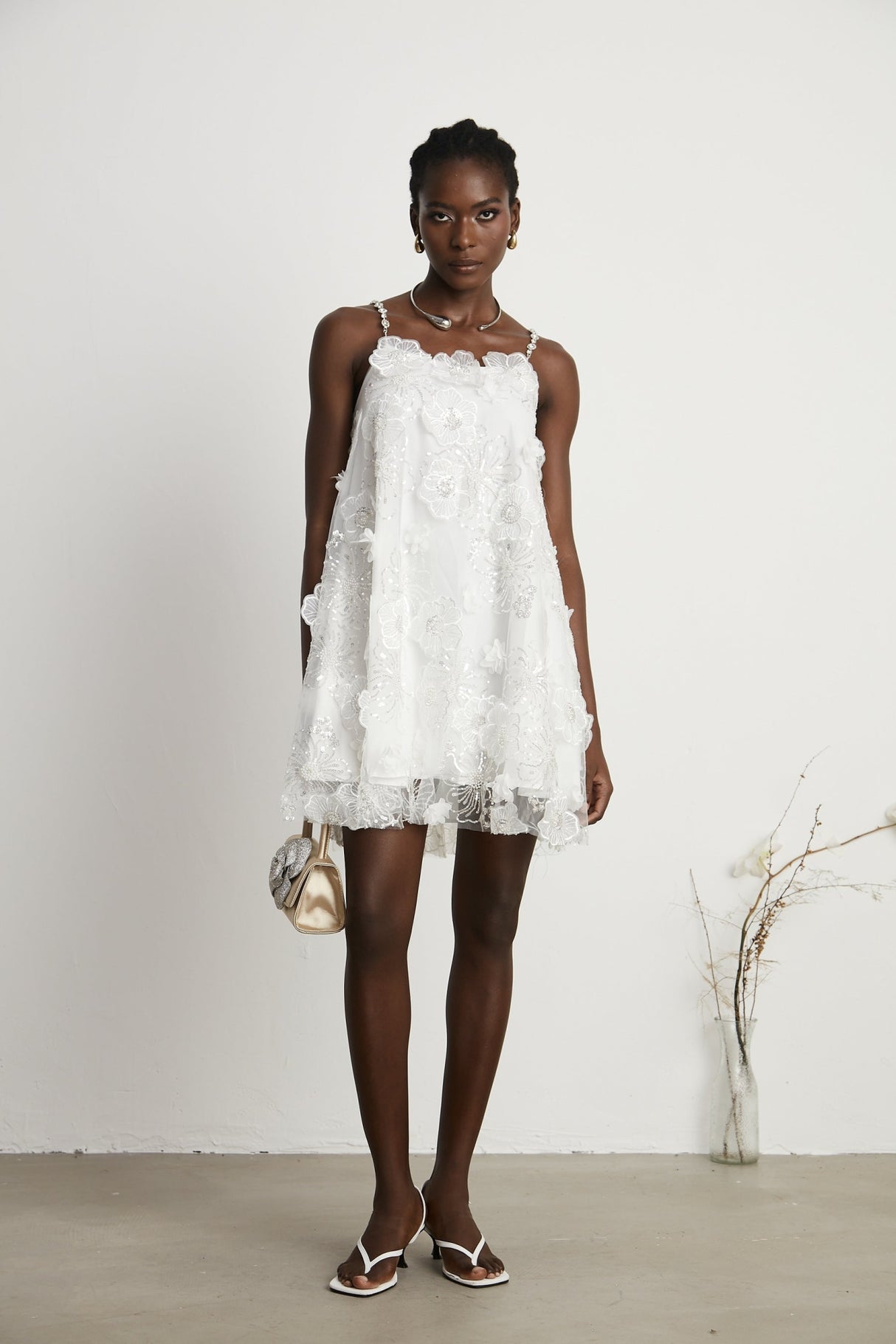 Lilah Mini Dress Crystal Floral Embellished White Square Neck