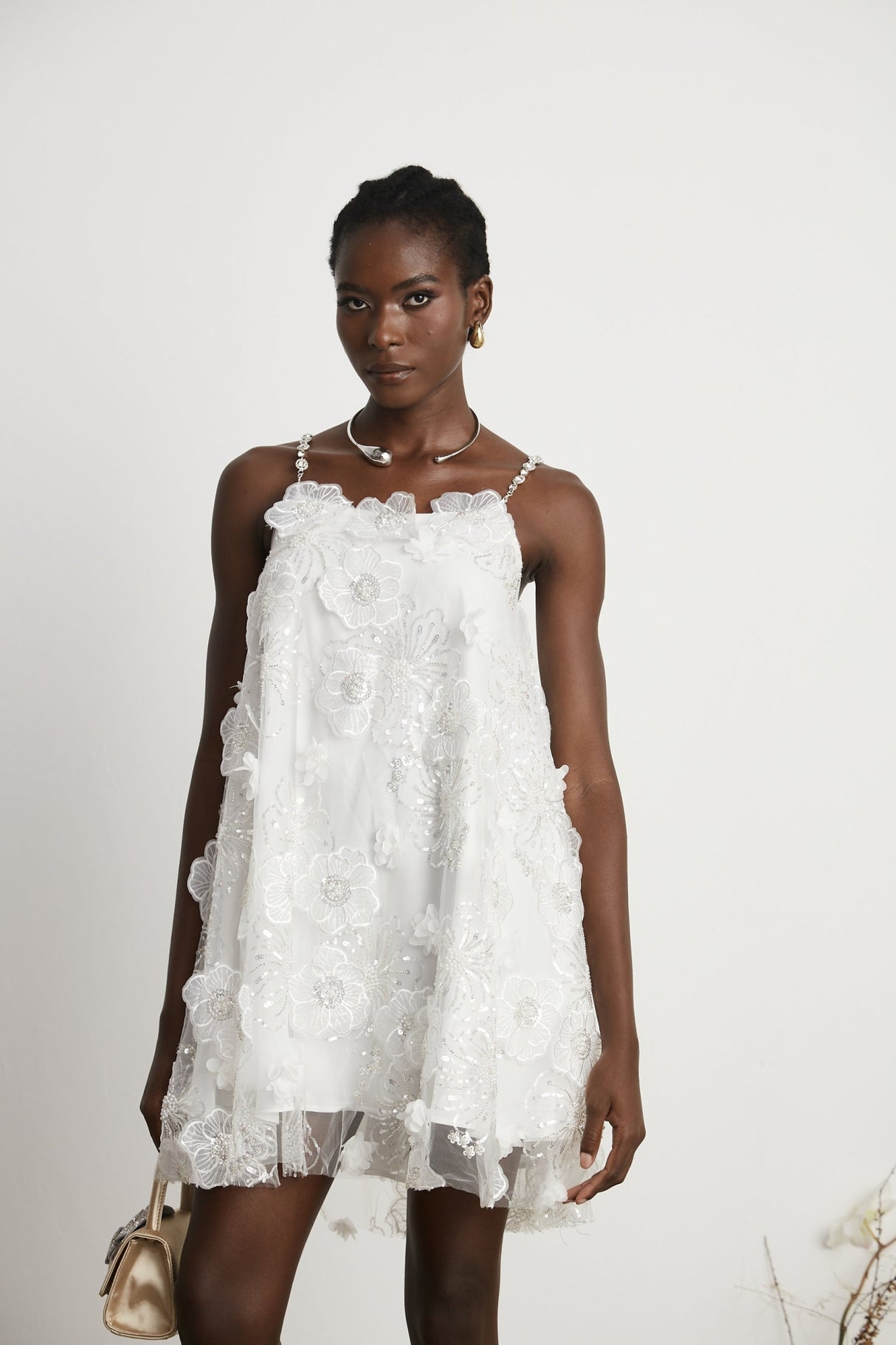 Lilah Mini Dress Crystal Floral Embellished White Square Neck