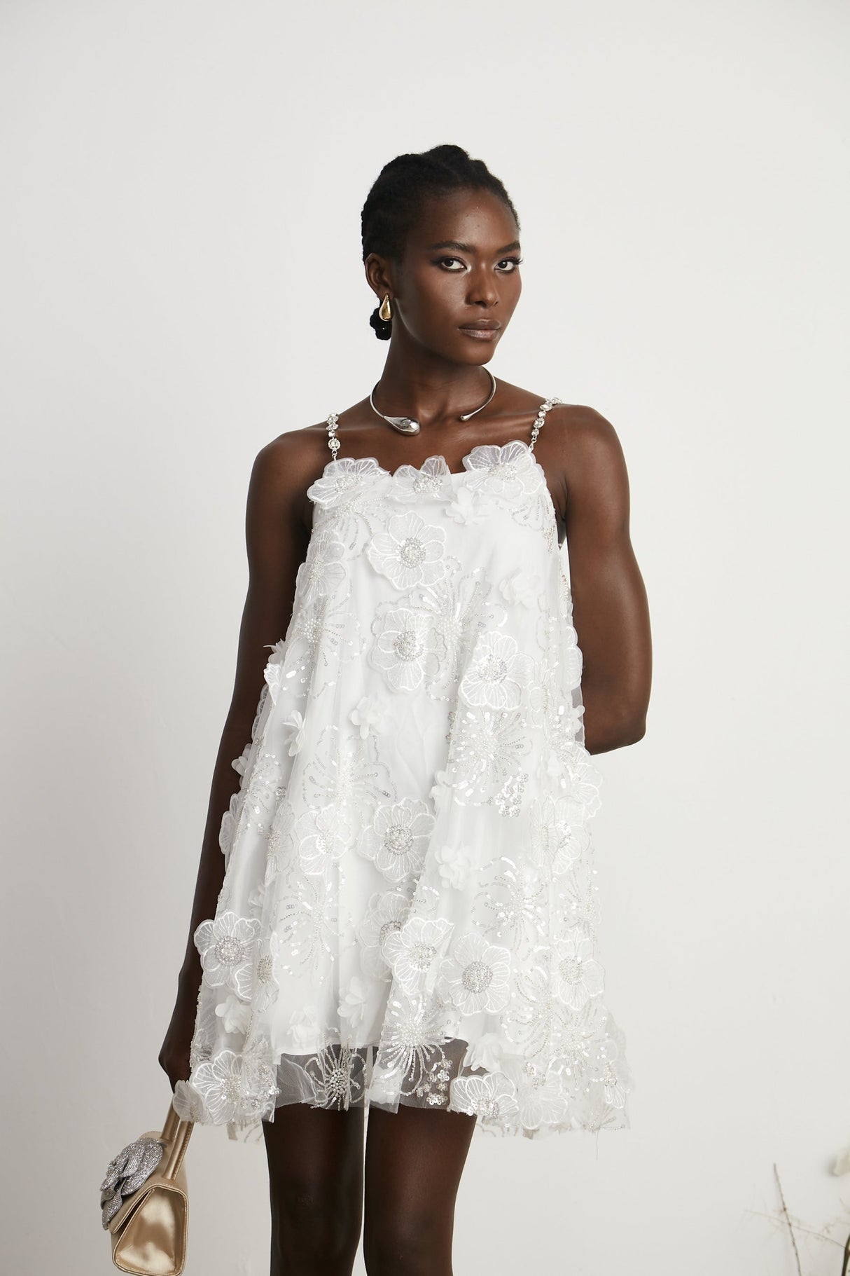 Lilah Mini Dress Crystal Floral Embellished White Square Neck