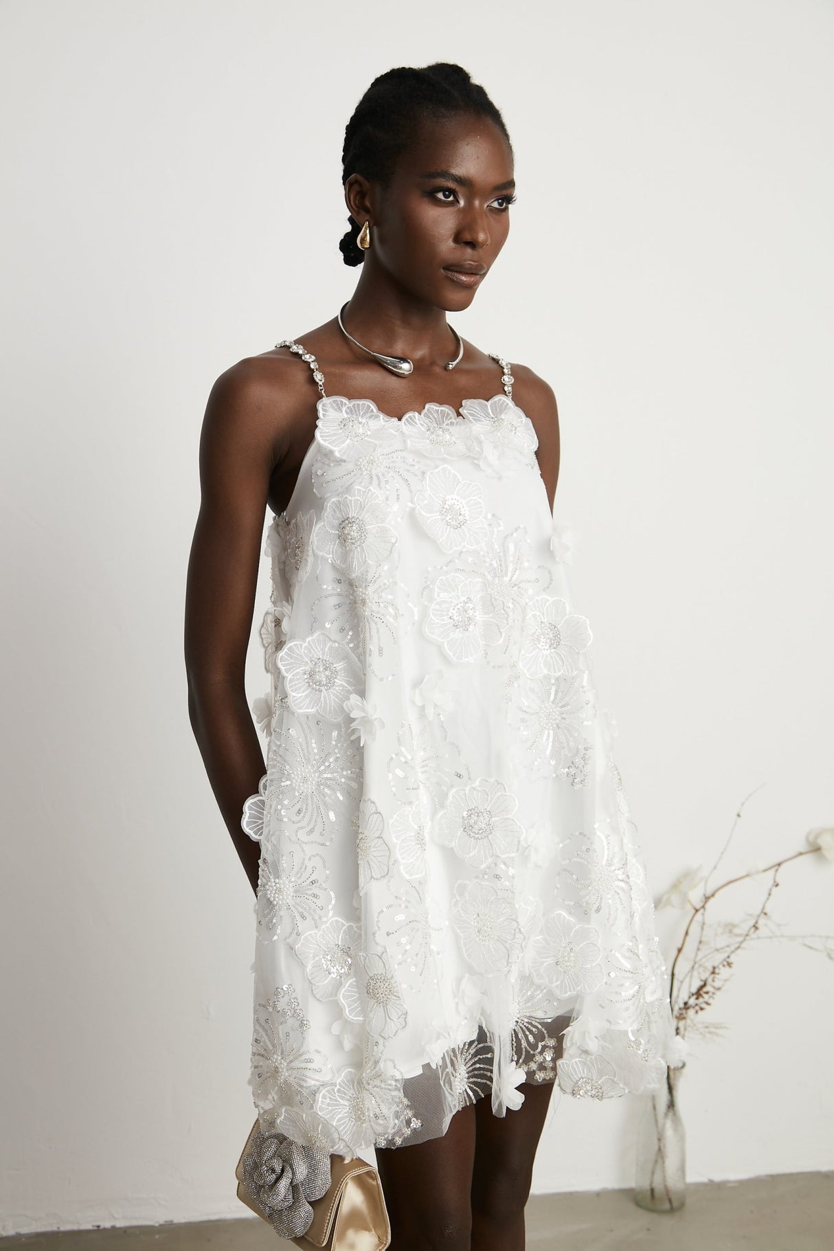 Lilah Mini Dress Crystal Floral Embellished White Square Neck