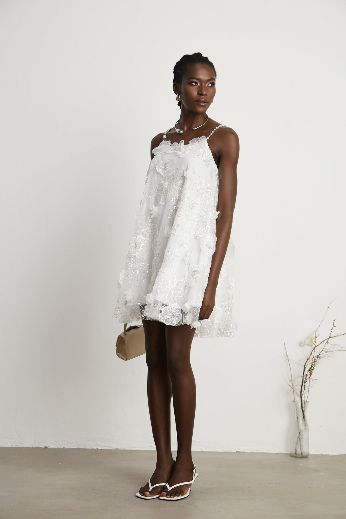 Lilah Mini Dress Crystal Floral Embellished White Square Neck