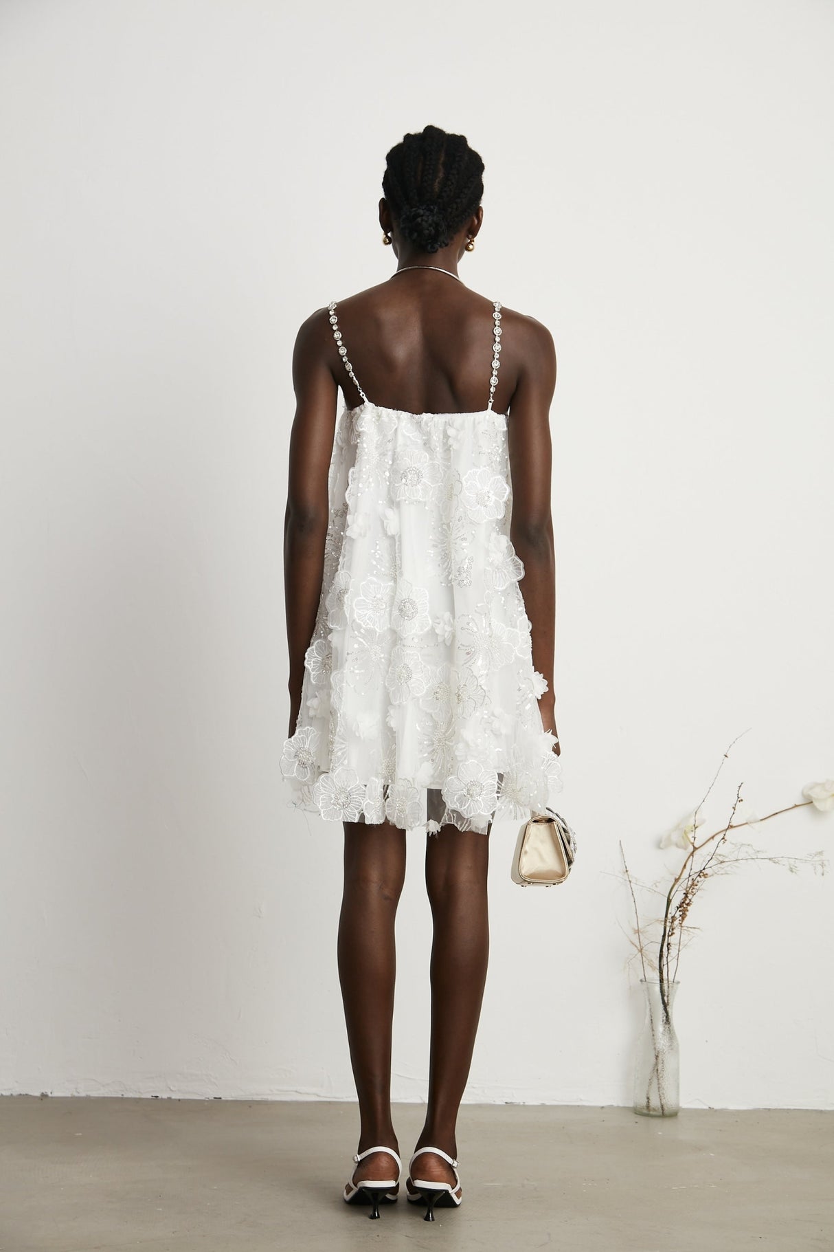 Lilah Mini Dress Crystal Floral Embellished White Square Neck