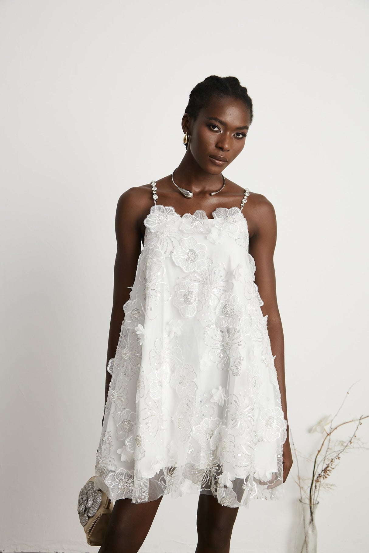 Lilah Mini Dress Crystal Floral Embellished White Square Neck