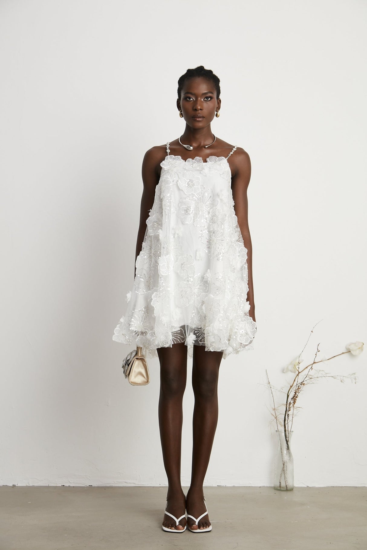 Lilah Mini Dress Crystal Floral Embellished White Square Neck