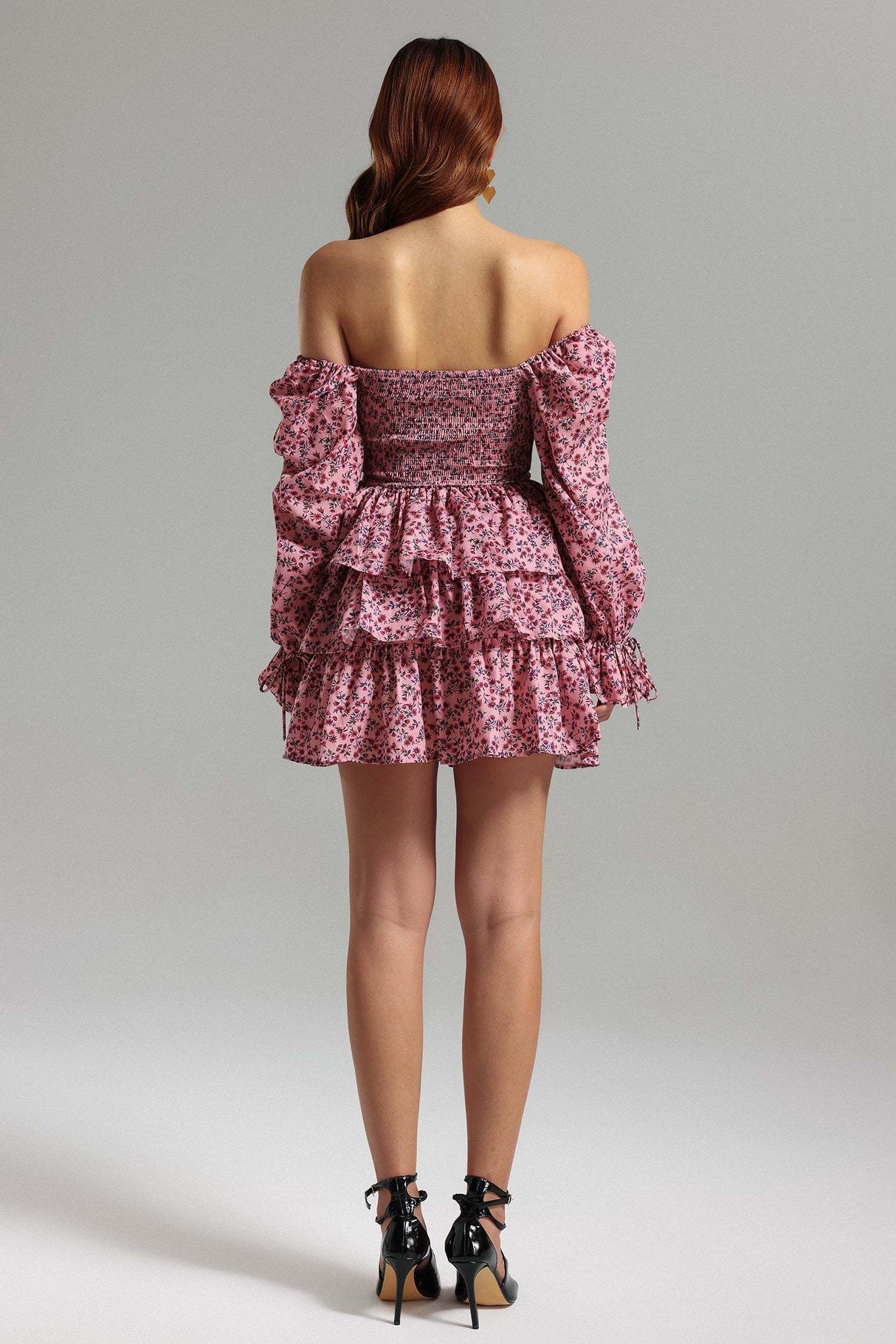 Lilah Pink Floral Layered Mini Dress with Off-Shoulder Neckline and Voluminous Sleeves