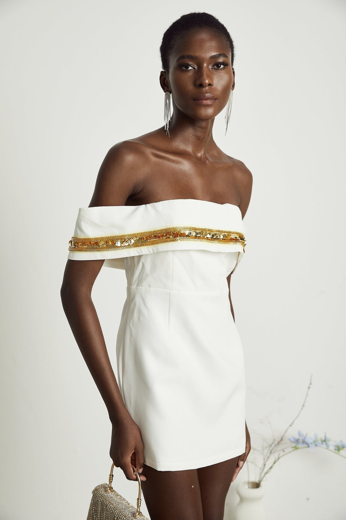 Lilah Sequin Mini Dress Off The Shoulder White Gold Mini Length