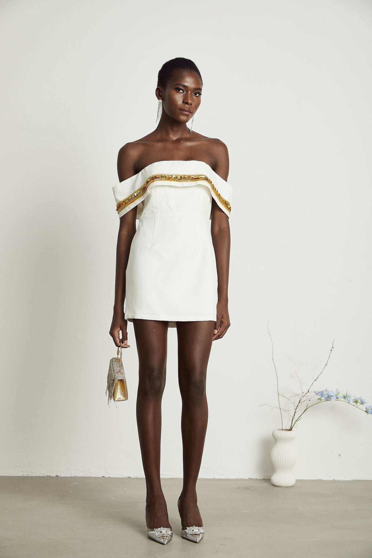 Lilah Sequin Mini Dress Off The Shoulder White Gold Mini Length