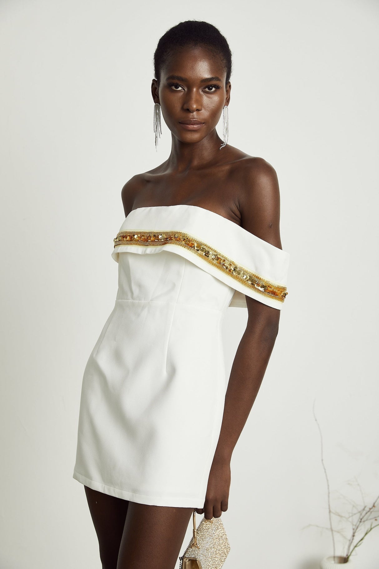 Lilah Sequin Mini Dress Off The Shoulder White Gold Mini Length