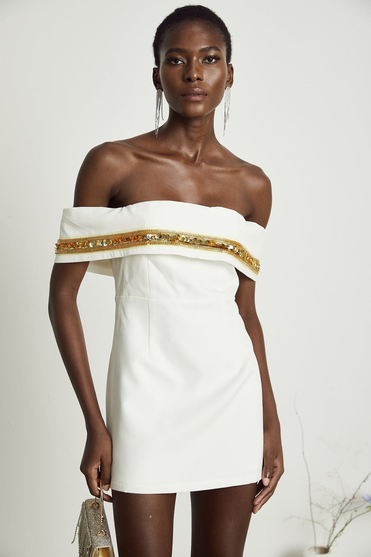 Lilah Sequin Mini Dress Off The Shoulder White Gold Mini Length