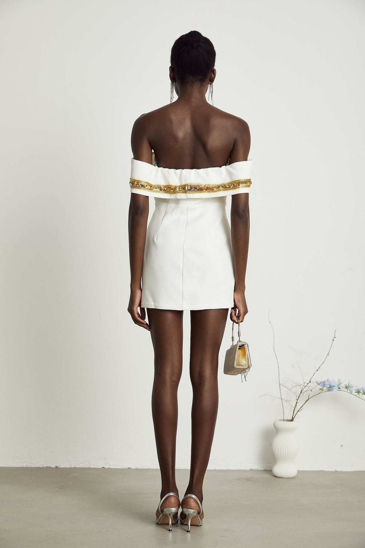 Lilah Sequin Mini Dress Off The Shoulder White Gold Mini Length