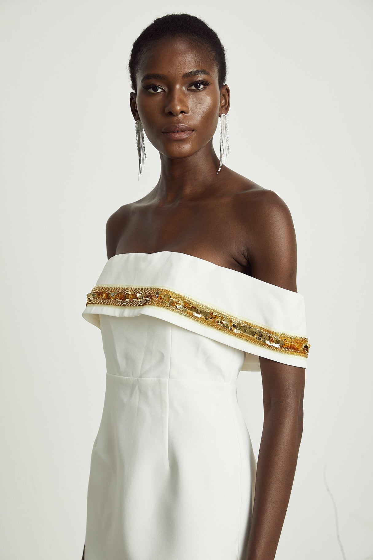 Lilah Sequin Mini Dress Off The Shoulder White Gold Mini Length