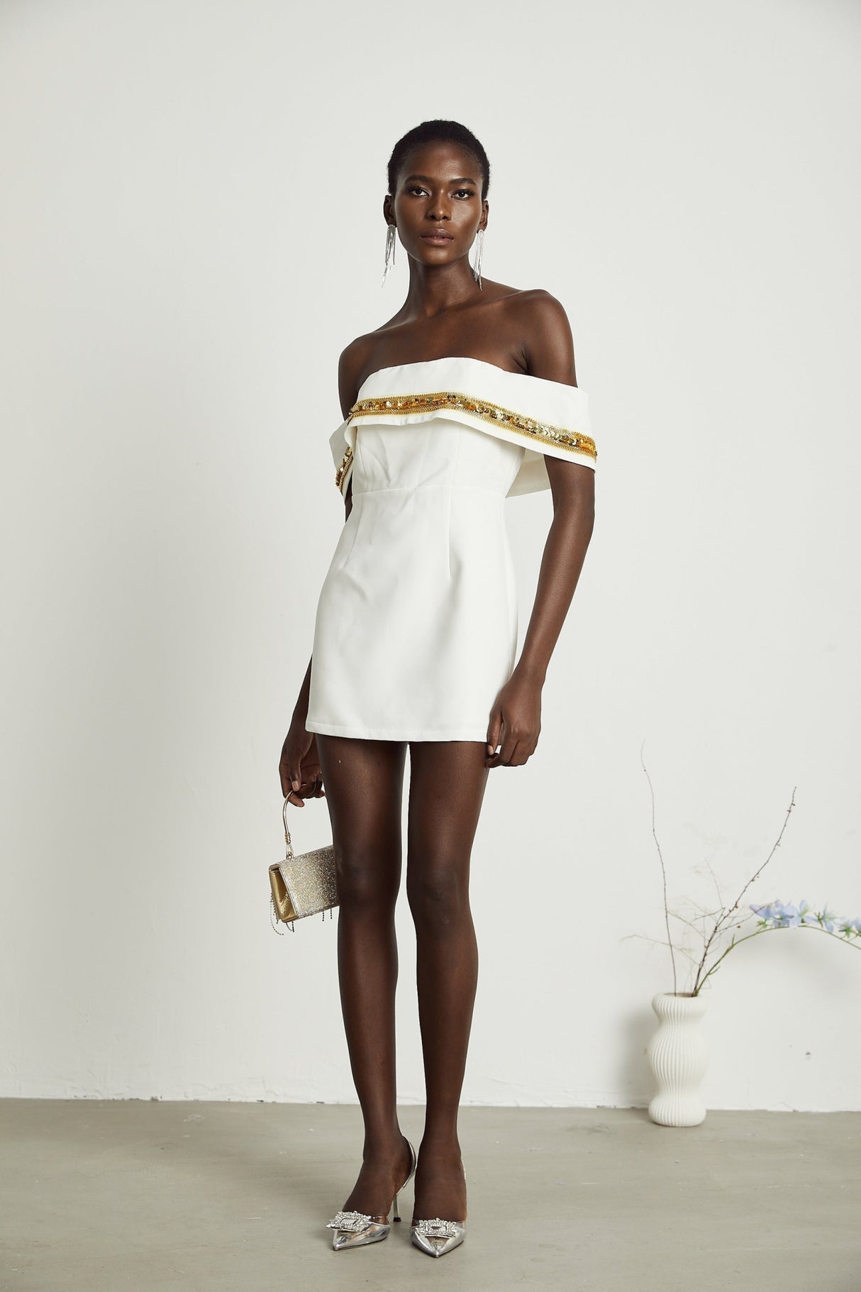 Lilah Sequin Mini Dress Off The Shoulder White Gold Mini Length