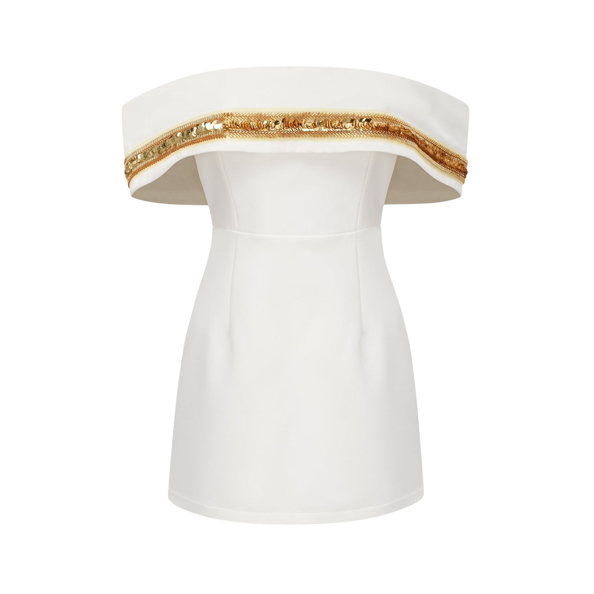 Lilah Sequin Mini Dress Off The Shoulder White Gold Mini Length