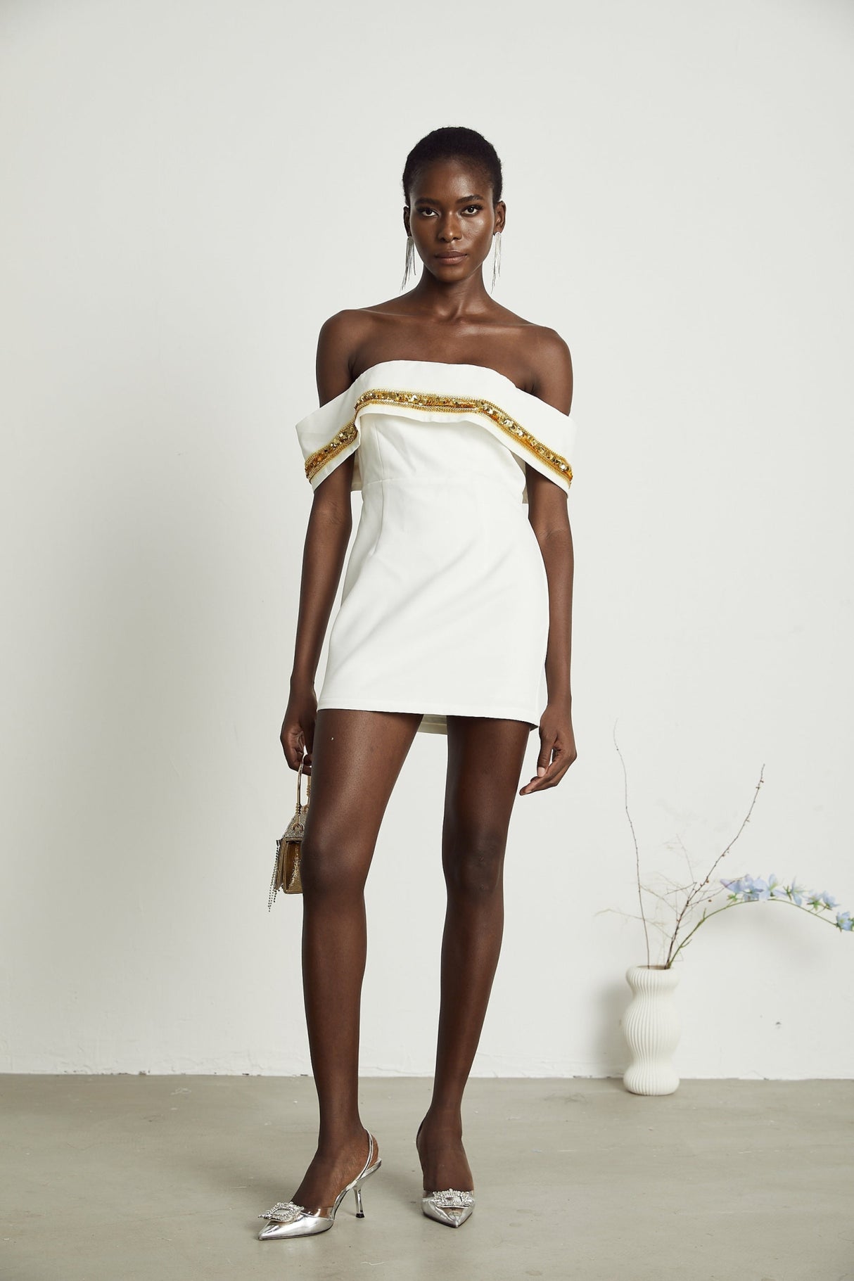 Lilah Sequin Mini Dress Off The Shoulder White Gold Mini Length