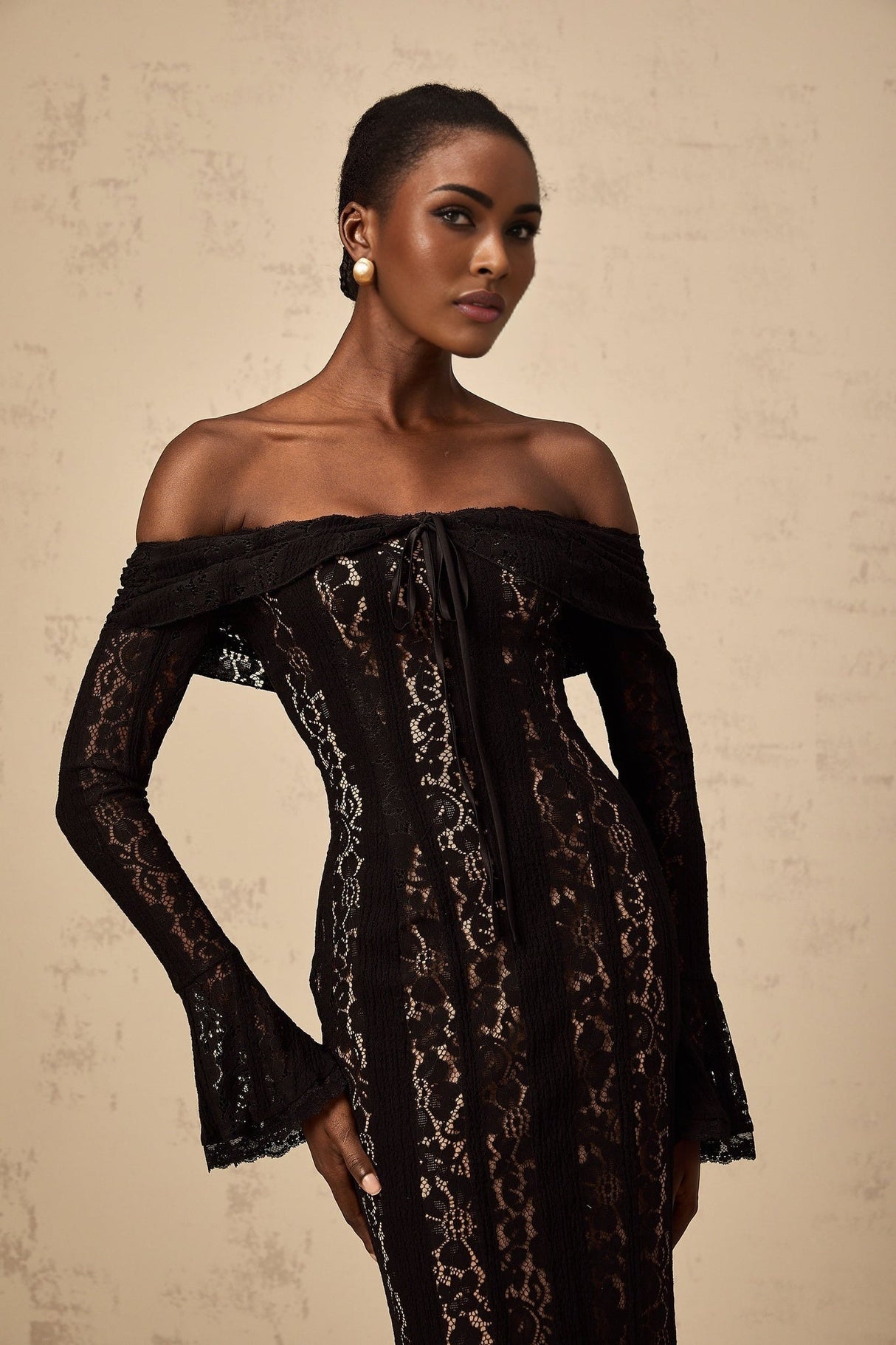 Liliana Floral Midi Dress in Black with OffShoulder Design & Flared Cuffs