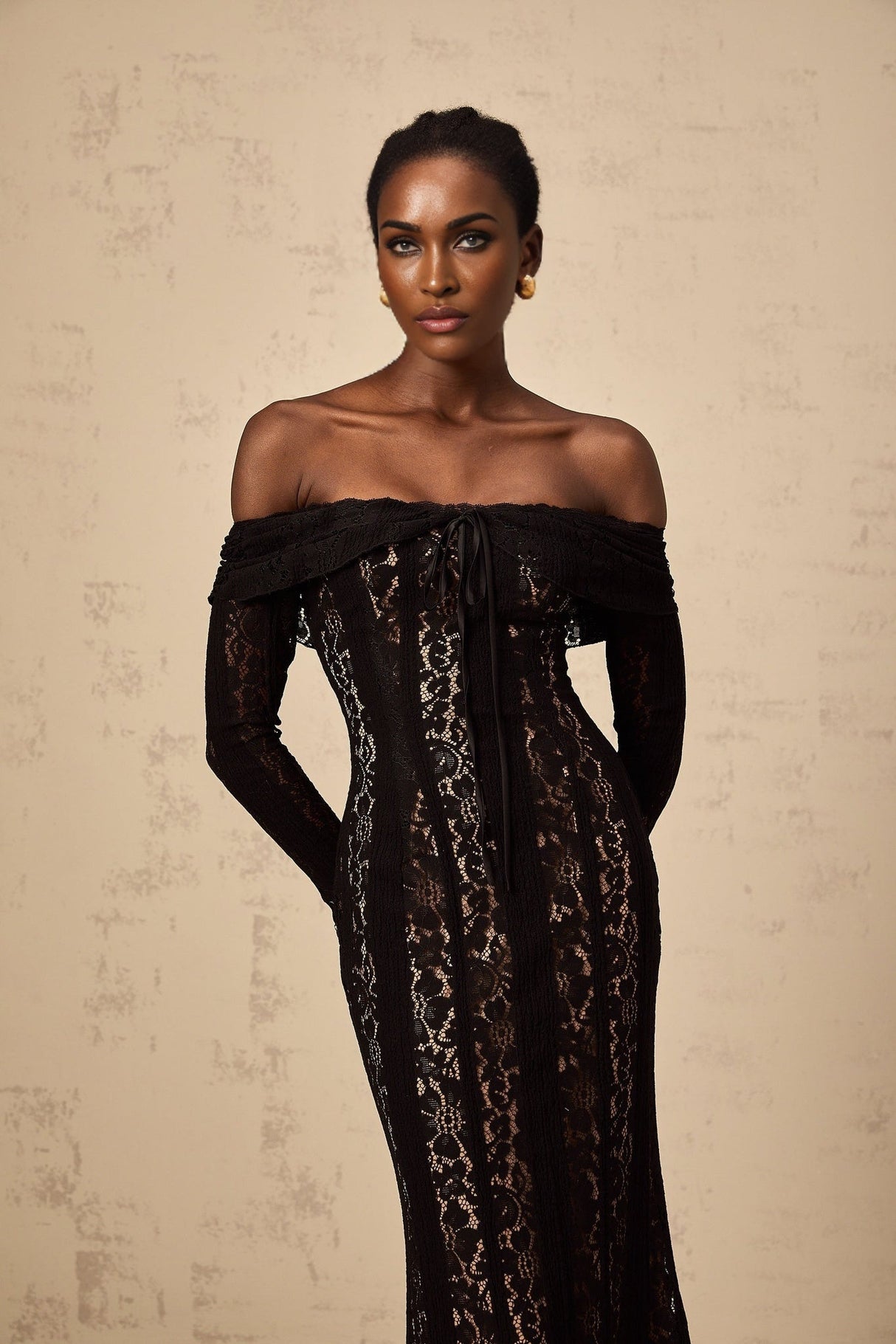 Liliana Floral Midi Dress in Black with OffShoulder Design & Flared Cuffs