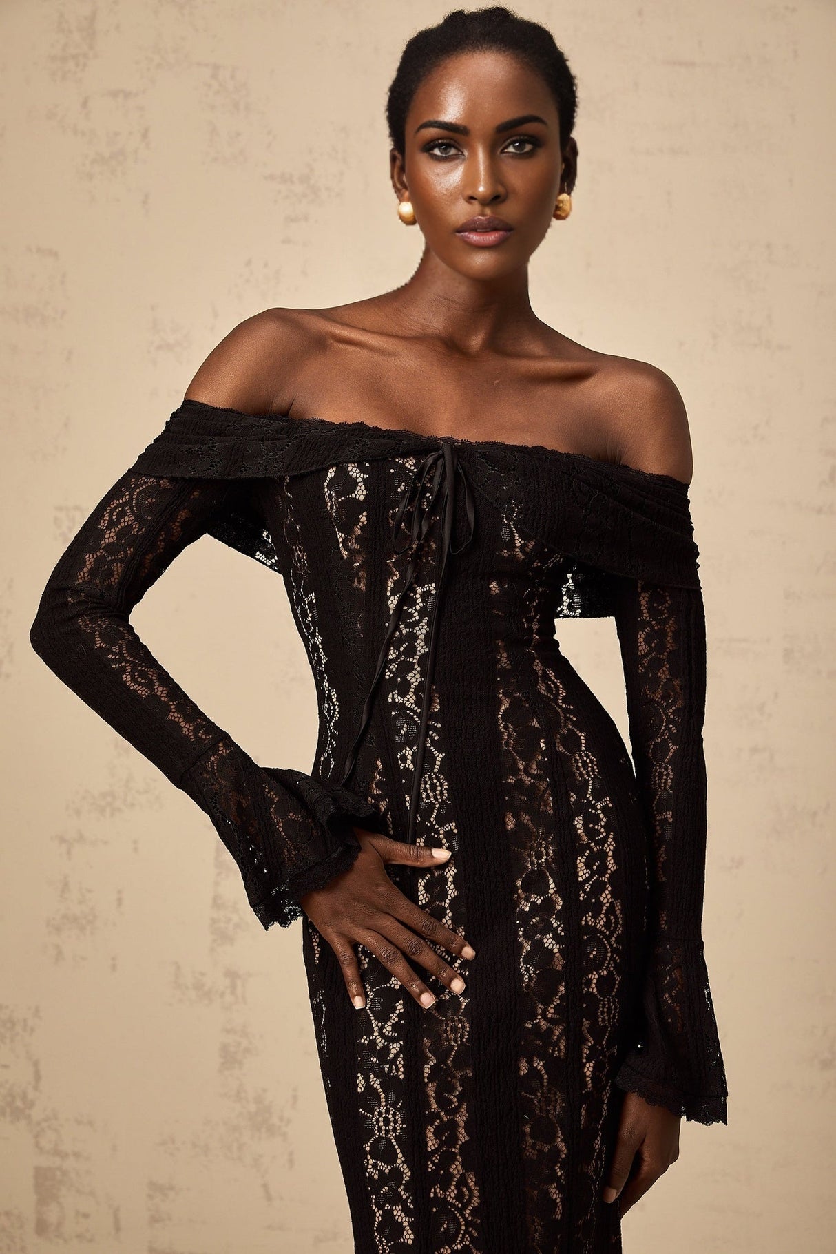 Liliana Floral Midi Dress in Black with OffShoulder Design & Flared Cuffs