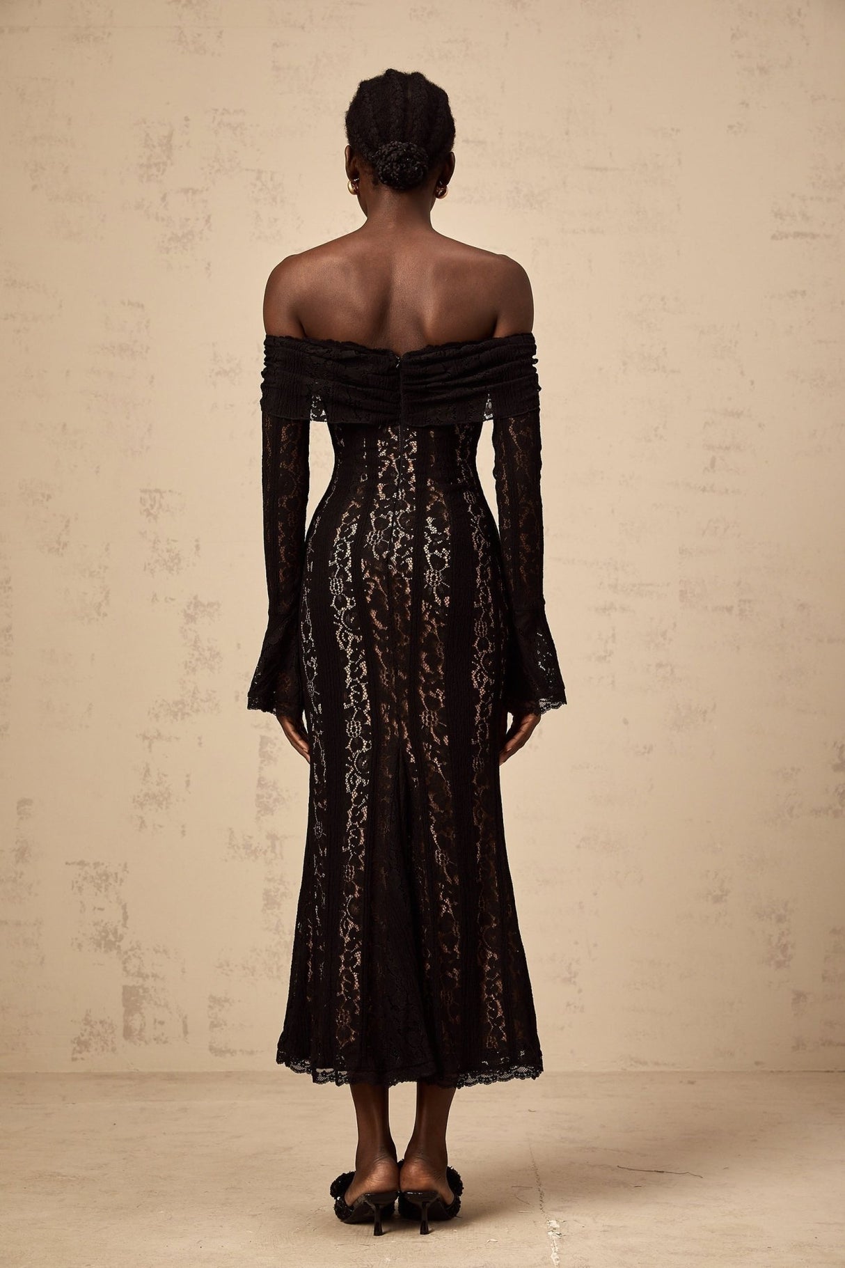 Liliana Floral Midi Dress in Black with OffShoulder Design & Flared Cuffs