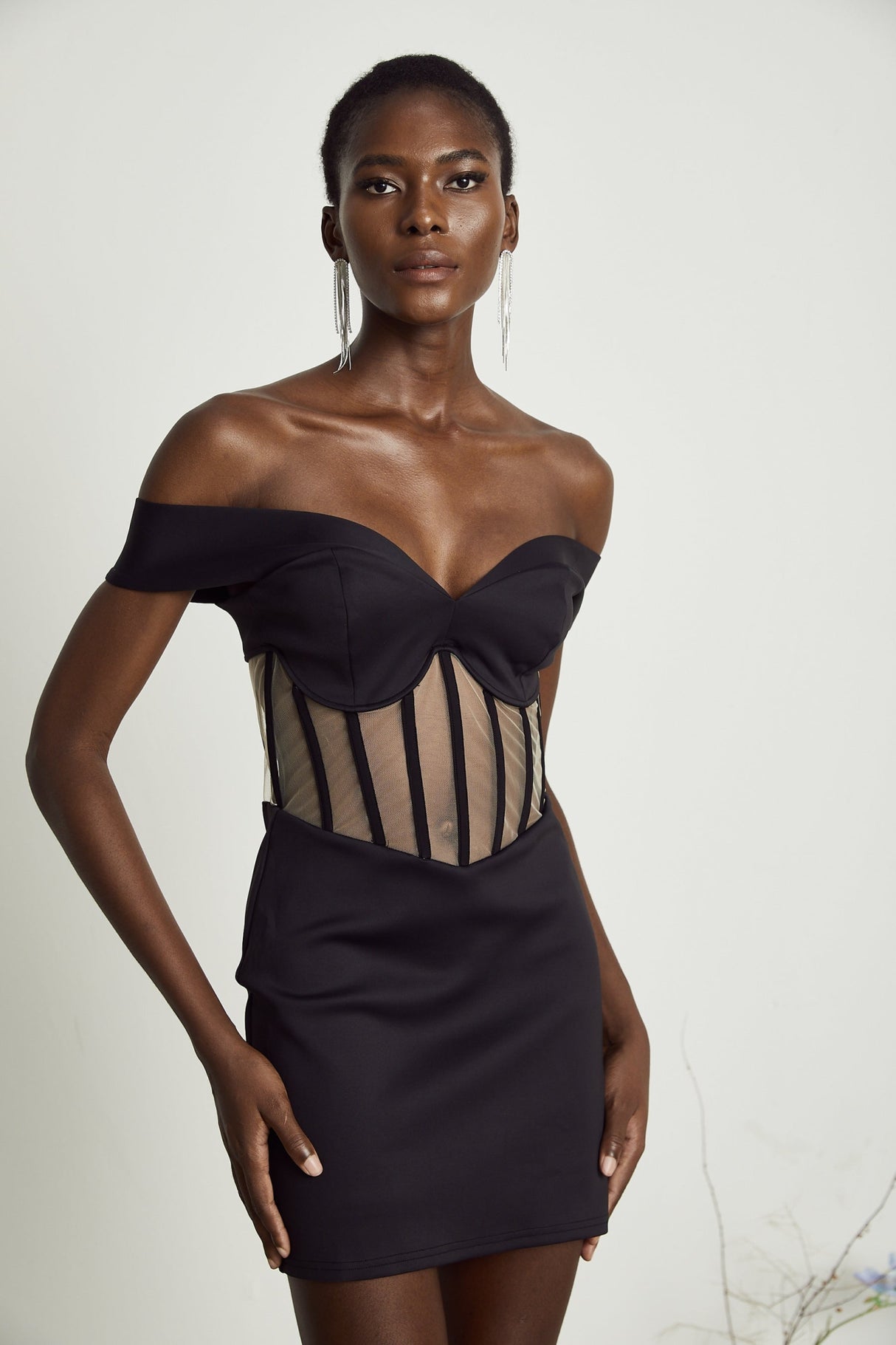 Liliana Mini Dress Mesh Corset Sweetheart Off Shoulder Black
