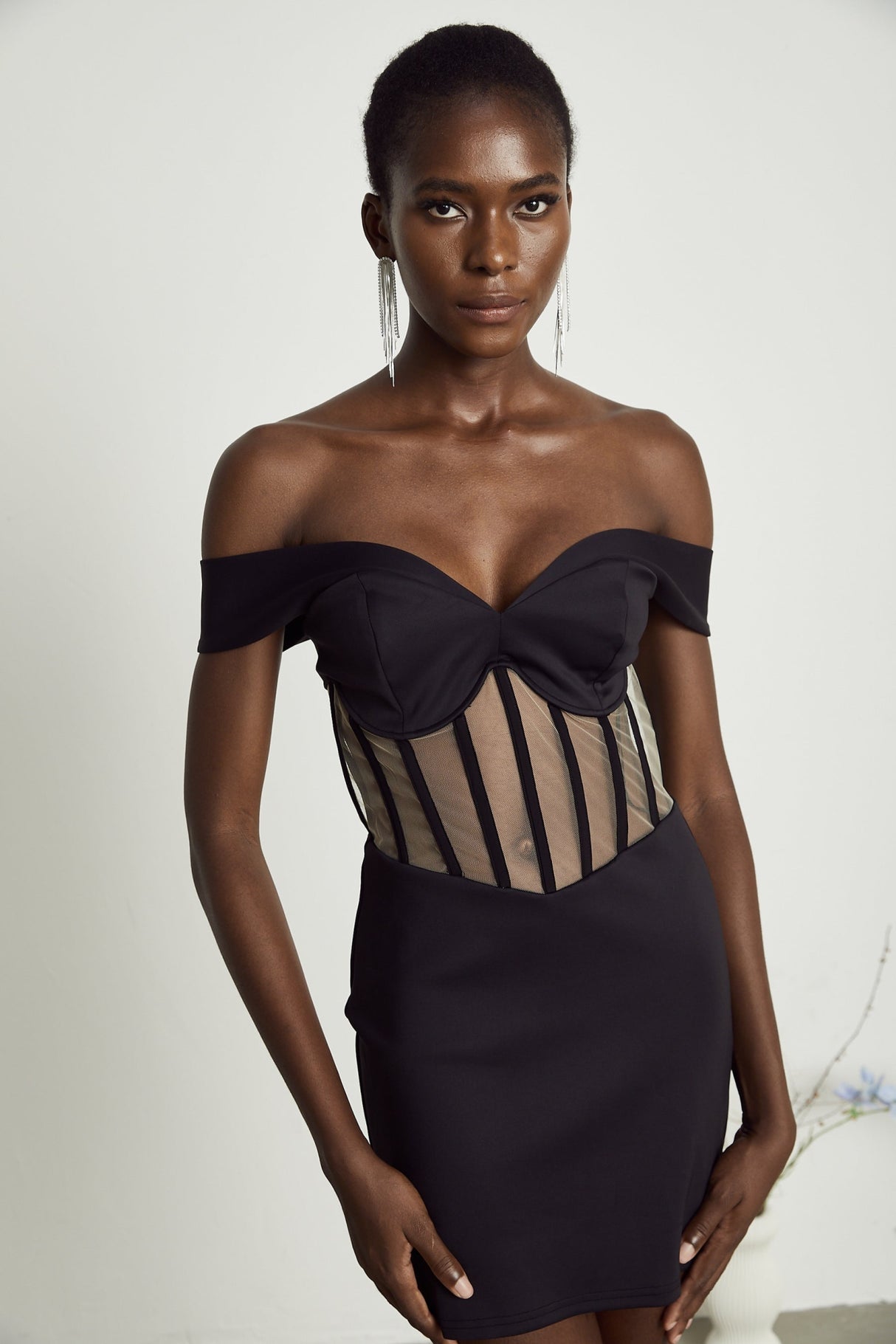Liliana Mini Dress Mesh Corset Sweetheart Off Shoulder Black