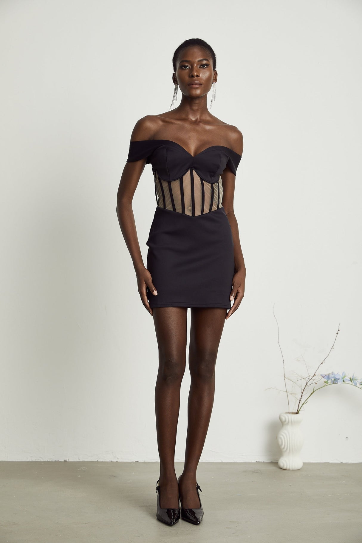 Liliana Mini Dress Mesh Corset Sweetheart Off Shoulder Black