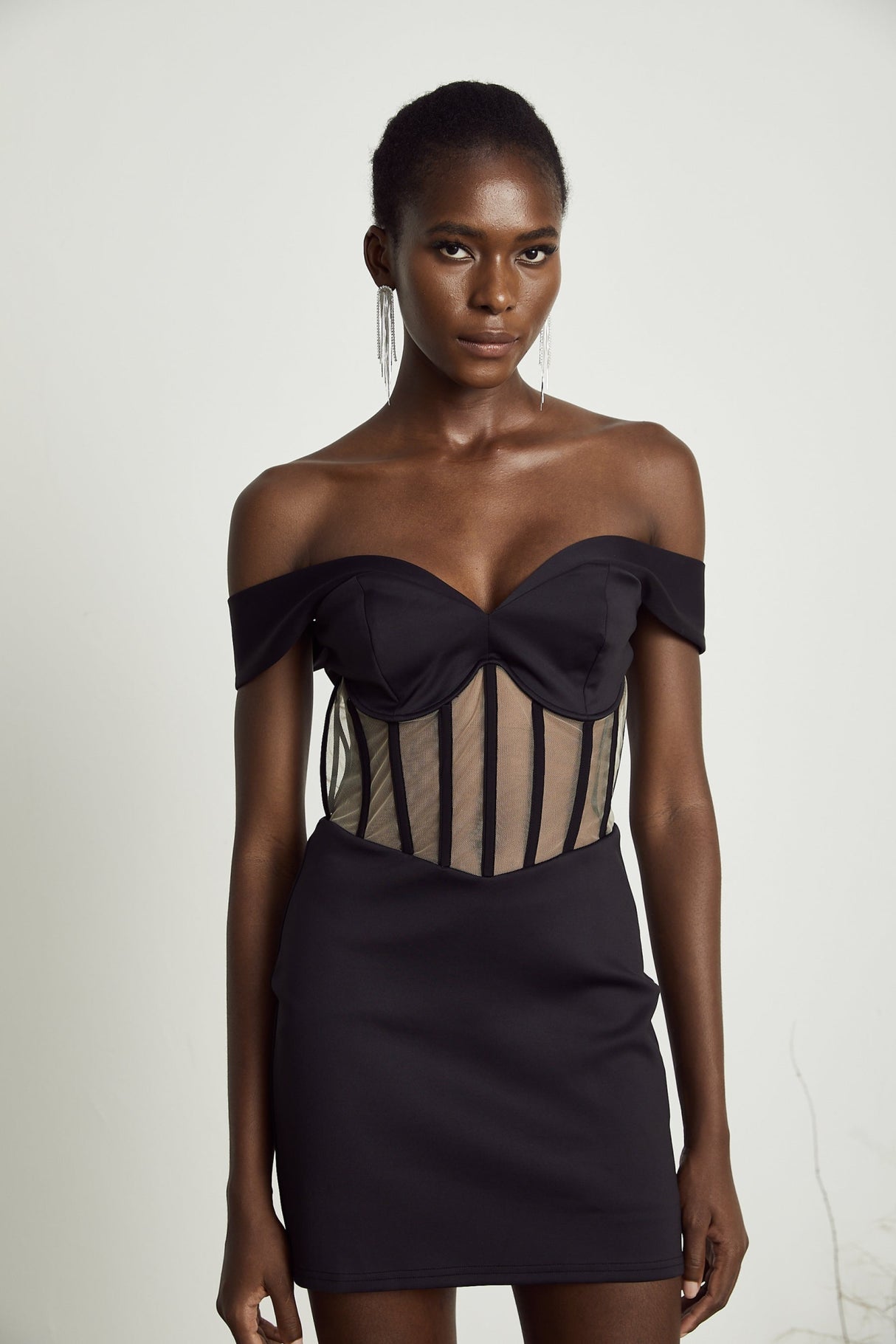 Liliana Mini Dress Mesh Corset Sweetheart Off Shoulder Black