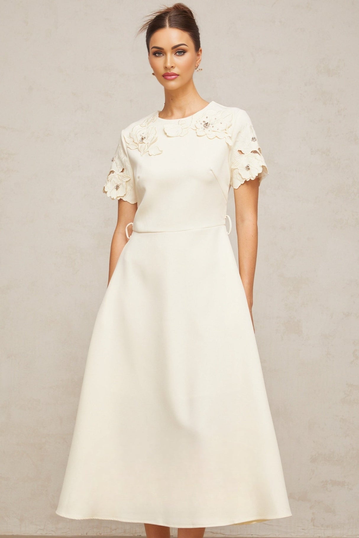 Lillian Floral Appliqué Bead Embellishment Midi Dress