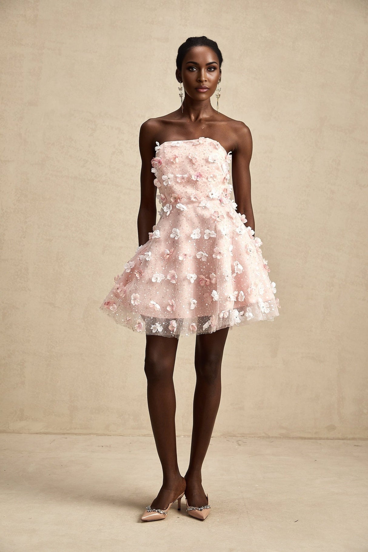 Lilou Pink 3D Petal Puff Mini Dress With Scallop Hem