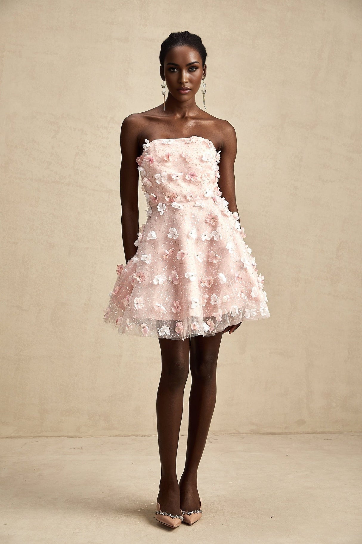 Lilou Pink 3D Petal Puff Mini Dress With Scallop Hem