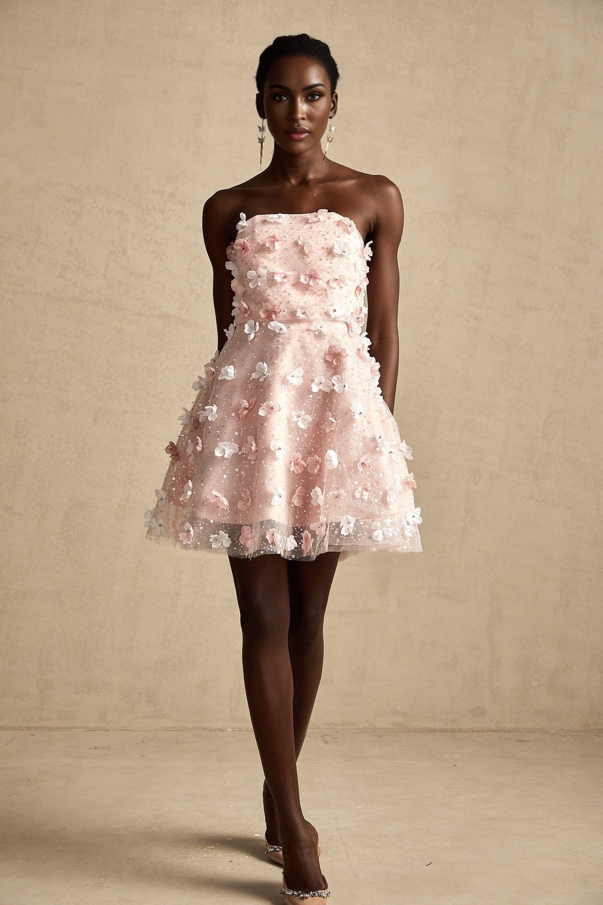 Lilou Pink 3D Petal Puff Mini Dress With Scallop Hem