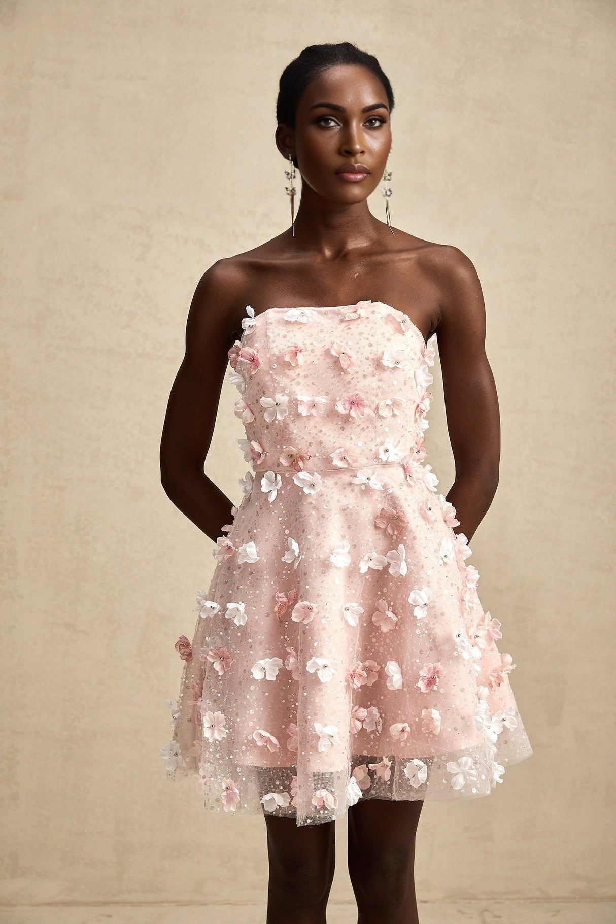 Lilou Pink 3D Petal Puff Mini Dress With Scallop Hem