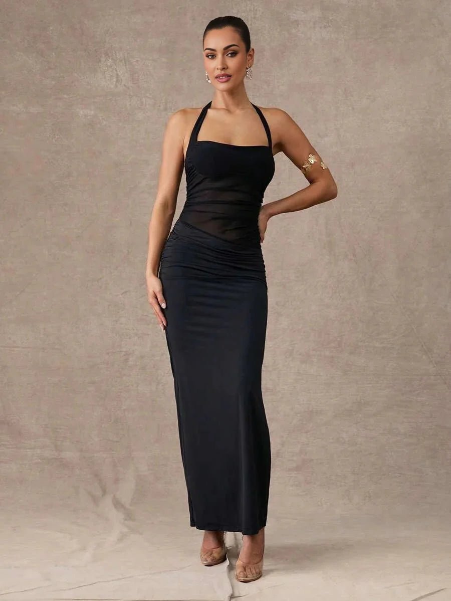 Lily Maxi Dress - Slim Fit - High Stretch Fabric - Pencil Hem Shape - Backless, Ruched, Split Thigh - Knit Material - Halter Neckline