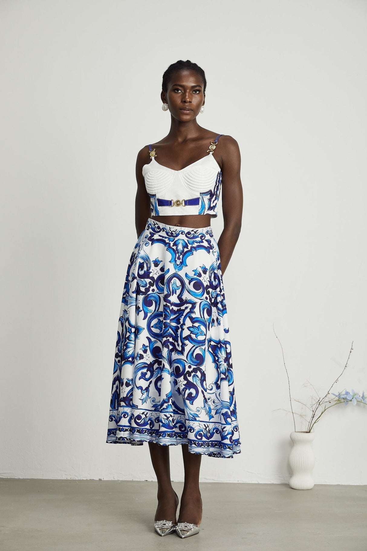Lily Skirt & Top Set Blue & White Graphic Printed with Gold Accents